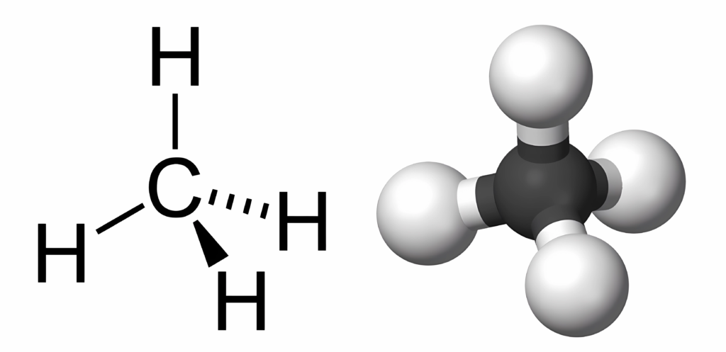 Fórmula estrutural e molécula do gás metano, produzido pela matéria orgânica de lixões
