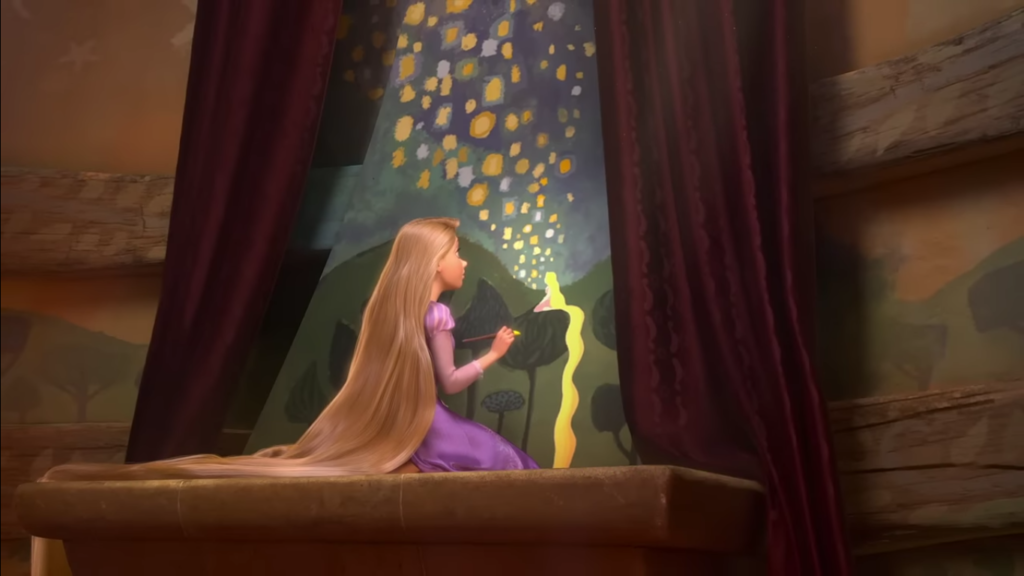 Rapunzel de 'Enrolados' (Tangled, 2010) pintando as luzes em sua homenagem na parede da torre em que está aprisionada