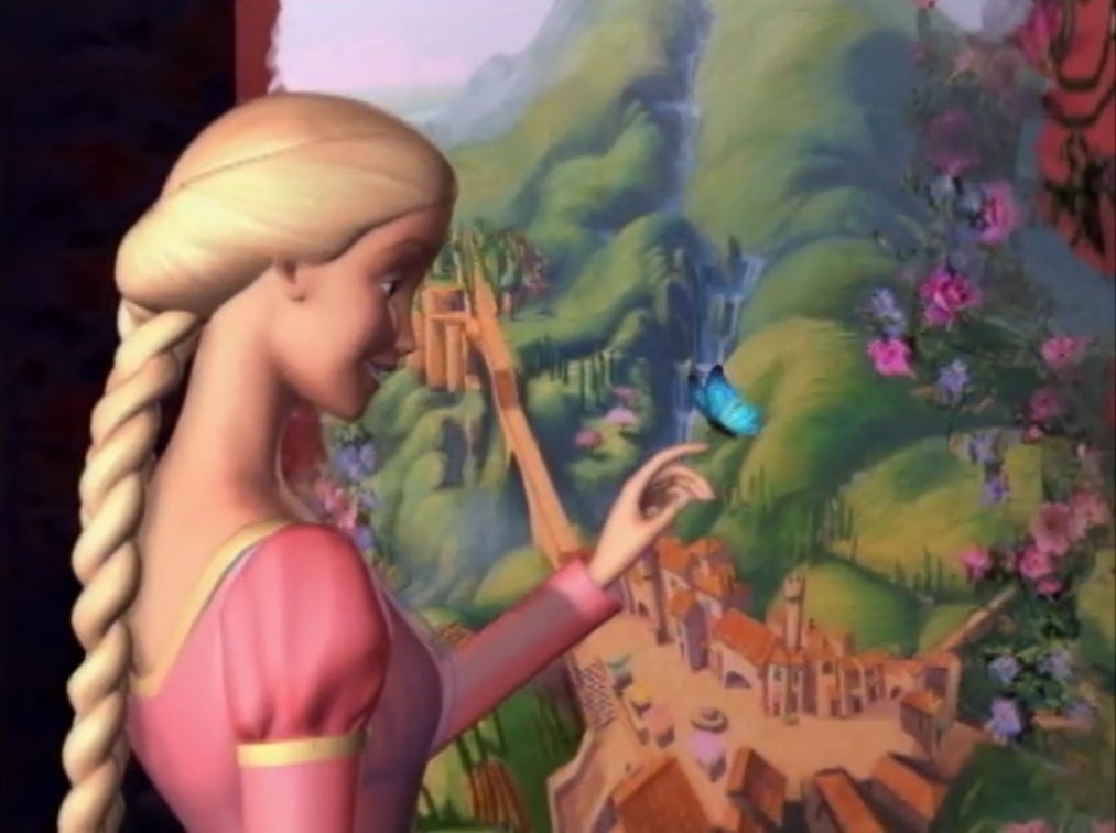 Barbie Rapunzel é uma pintora de quadros que só é trancafiada em uma torre perto do final do filme