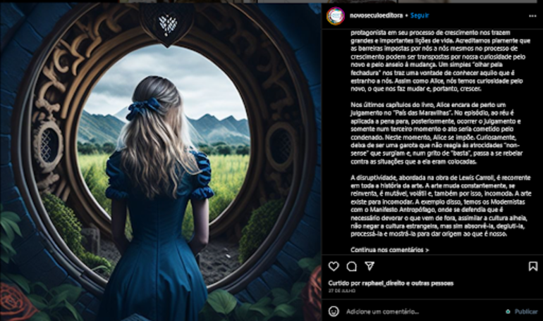 Print de post da Editora Novo Século no Instagram se justificando frente a alegações de uso de Inteligência Artificial nas capas de livros. 