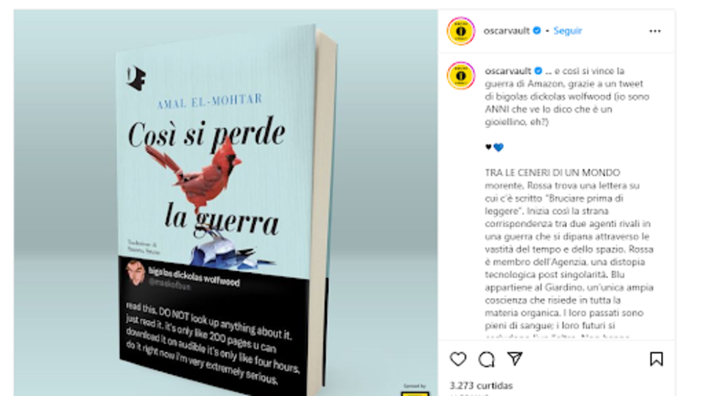 Post da editora Oscar Vault no Instagram sobre o livro "É assim que você perde a Guerra do Tempo".