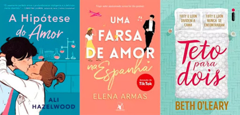 Capas dos livros "A Hipótese do Amor", "Uma Farsa de Amor na Espanha" e "Teto para dois"
