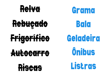 À esquerda, as palavras "relva", "rebuçado", "frigorífico", "autocarro" e "riscas". À direita, as palavras "grama", "bala", "geladeira", "ônibus" e "listras".