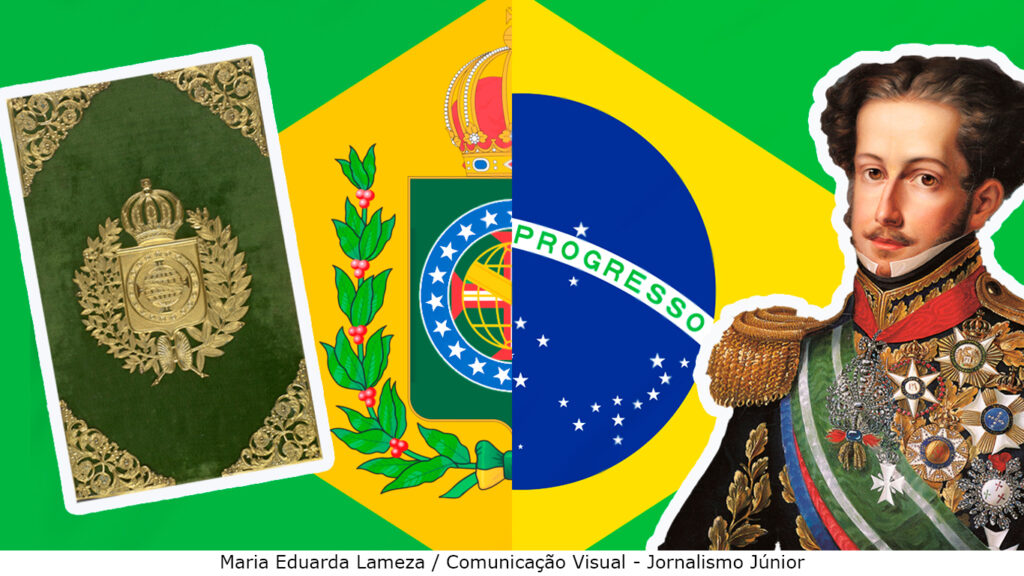 Bandeira do Brasil imperial com capa da Constituição de 1824 à esquerda e bandeira atual do Brasil com pintura de Dom Pedro I à direita.