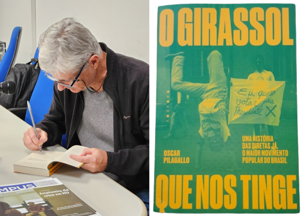À esquerda, imagem de homem autografando livro. À direita, imagem da capa do livro em tons verde e amarelo.