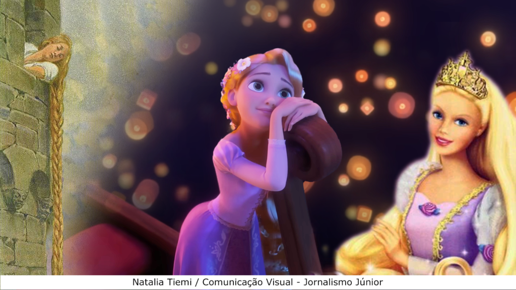 Três versões de Rapunzel na torre: uma pintura medieval, a princesa da Disney e a sua versão Barbie