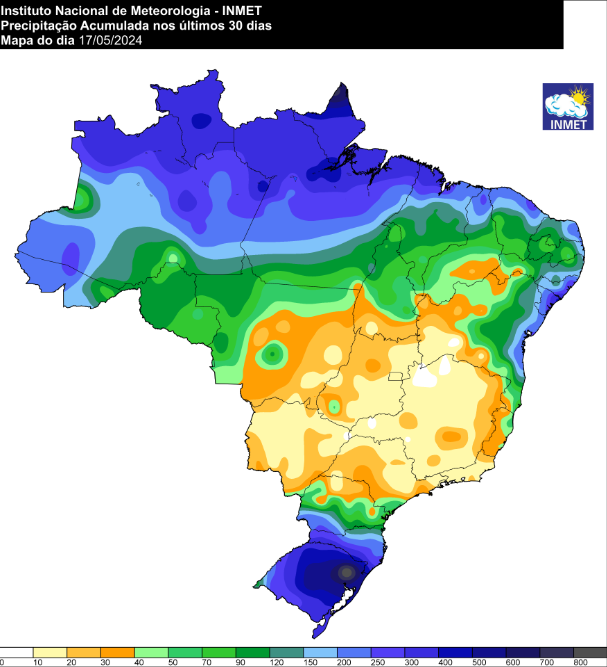 Mapa de precipitação acumulada nos últimos 30 dias no Brasil