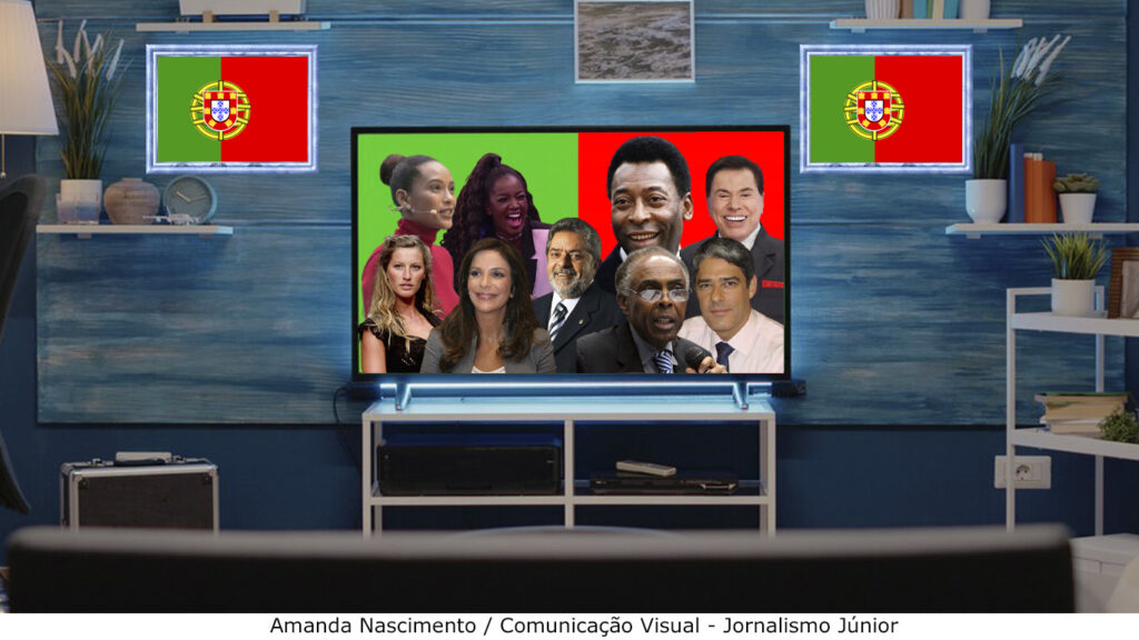 Sala de estar com televisão mostrando a bandeira de Portugal ao fundo e personalidades brasileiras como Lula, Ivete Sangalo, Pelé e Silvio Santos em primeiro plano.