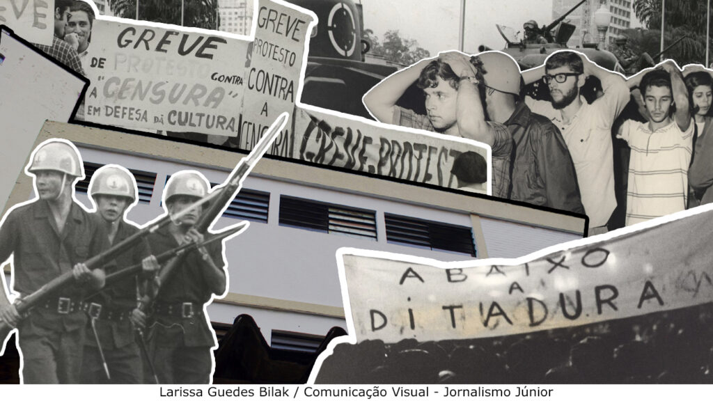 Colagem com diversos protestos contra a Ditadura Civil-Militar e o DOI-Codi