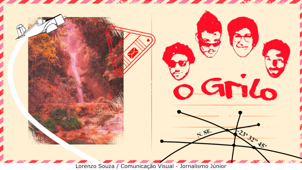 Arte em um formato que imita o rótulo de um cartão postal. Do lado esquerdo, uma imagem de uma cachoeira, ao direito, as imagens de cada integrante da banda O Grilo, acima do nome do grupo.