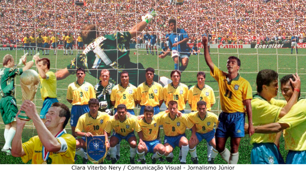 Montagem com jogadores que venceram o tetra na frente, e no fundo o Baggio perdendo o pênalti que deu a vitória ao Brasil
