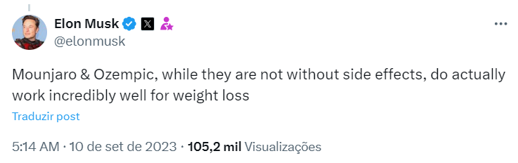 Captura de tela de um tweet de Elon Musk sobre o Ozempic.