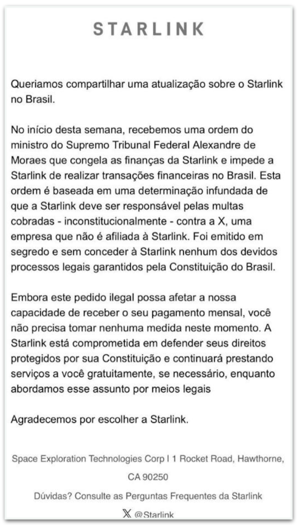 Foto do comunicado da Starlink, empresa de propriedade de Elon Musk, também dono do X