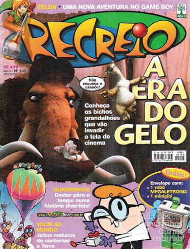 Capa da Revista Recreio com personagens animados de "A Era do Gelo", com texto e ilustrações promovendo quadrinhos e jogos