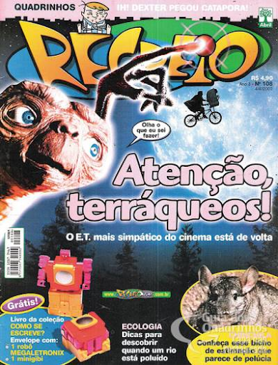 Capa da Revista Recreio, com elementos como o filme ET, um bicho de estimação, o robô e o minigibi de brinde e o título "Atenção, terráqueos!"