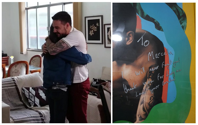 Liam Payne abraçando fã em sua casa. Ao lado, o autógrafo que ele deixou na parede