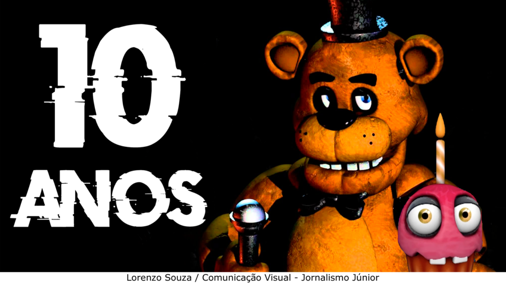 Imagem do urso de Freddy's usando chapéu e com um cupcake de aniversário do lado. Escrito "10 anos"