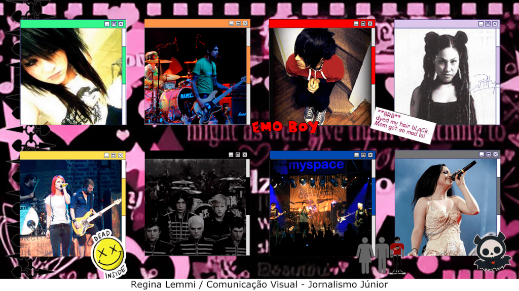 Imagens de pessoas, bandas e capas de álbum de emo. A montagem usa preto, branco e vermelho, roxo e rosa, cores características da estética. Usa o estilo do layout do MySpace e filtros inspirados