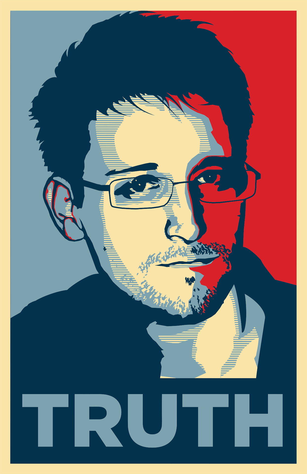 Poster de Snowden nas cores branco, azul e vermelho, com a palavra "verdade" escrita em inglês embaixo