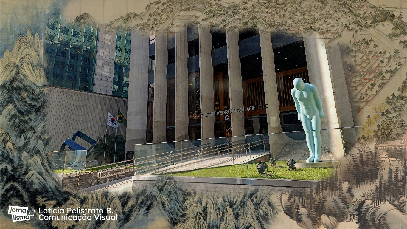 Imagem da fachada do Centro Cultural Coreano no Brasil com uma moldura em estilo de pintura tradicional sul-coreana