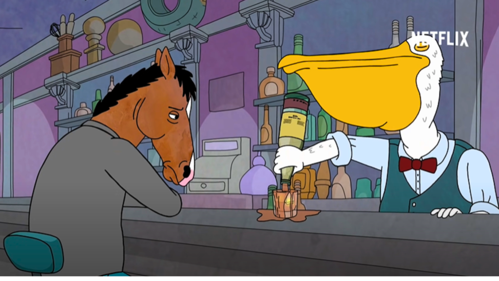 Bojack deprimido tomando uma bebida alcoólica no bar. 