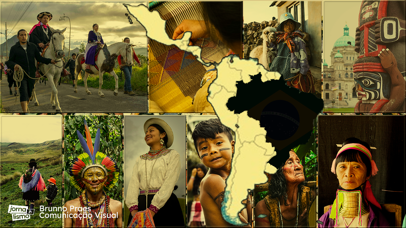 Colagem com imagens de pessoas indígenas e um mapa da América Latina com o Brasil destacado