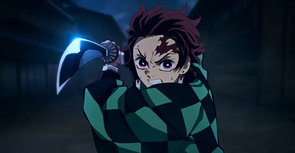 Personagem Tanjiro aparece com expressão de raiva e segura uma katana em direção a quem vê.