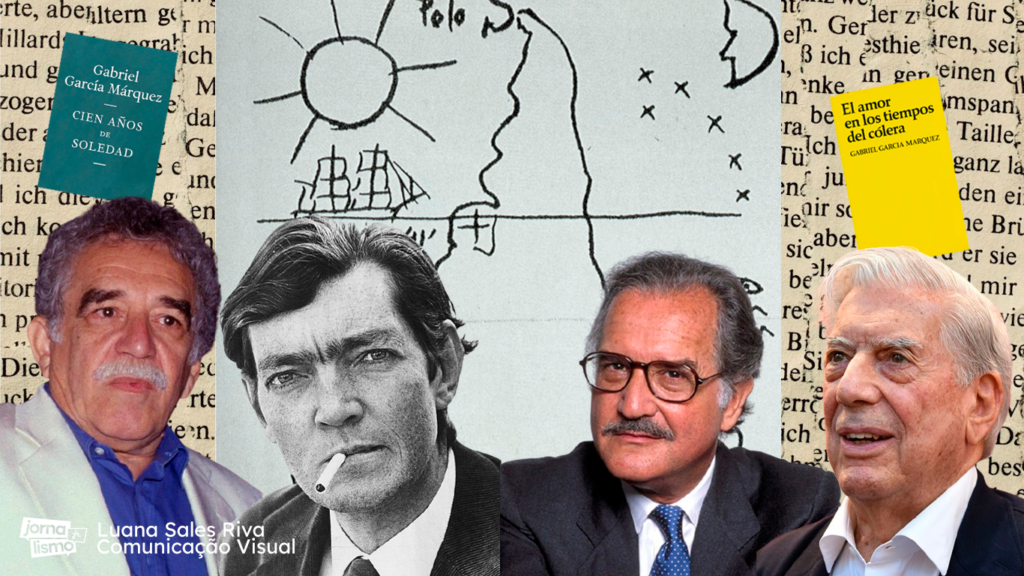 Autores do boom latino-americano. Ao fundo, está a imagem da América Latina Invertida.