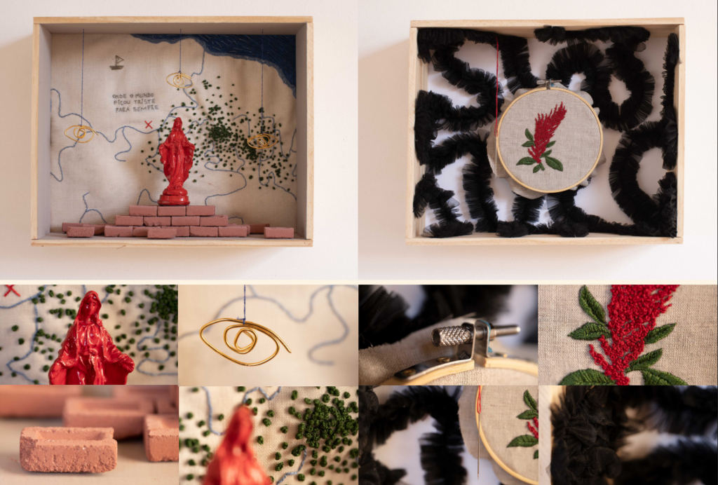 Obras do TCC de Tainá. É possível ver uma imagem de santa vermelha em uma caixa bordada. 