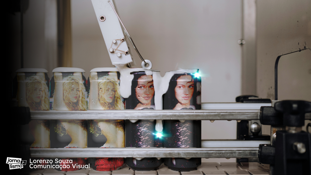 Linha de produção de latas. Existem latas com a imagem de Shakira e outras com a de Rosalía.