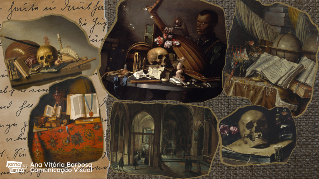Imagens de artes do Movimento Vanitas, com símbolos como crânios, livros e penas.