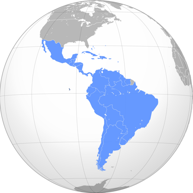 Imagem do globo terrestre. A América Latina está destacada em azul.