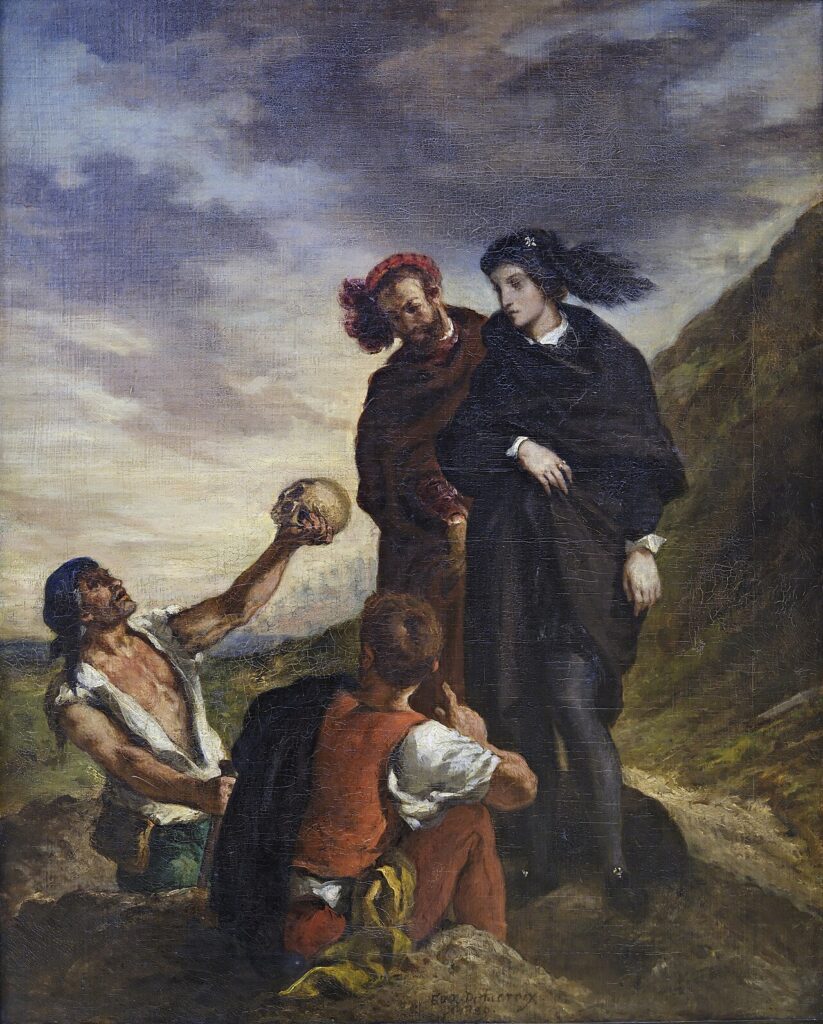 Pintura de pessoas em uma paisagem natural. São quatro homens, dois sentados e dois em pé. Um dos homens sentados segura um crânio humano.