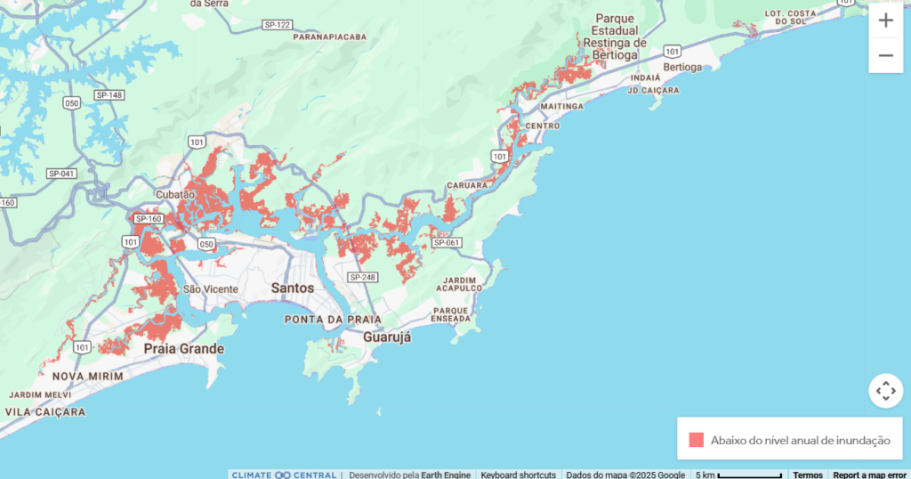 Mapa demonstrando áreas que estão abaixo do nível anual de inundação do mar