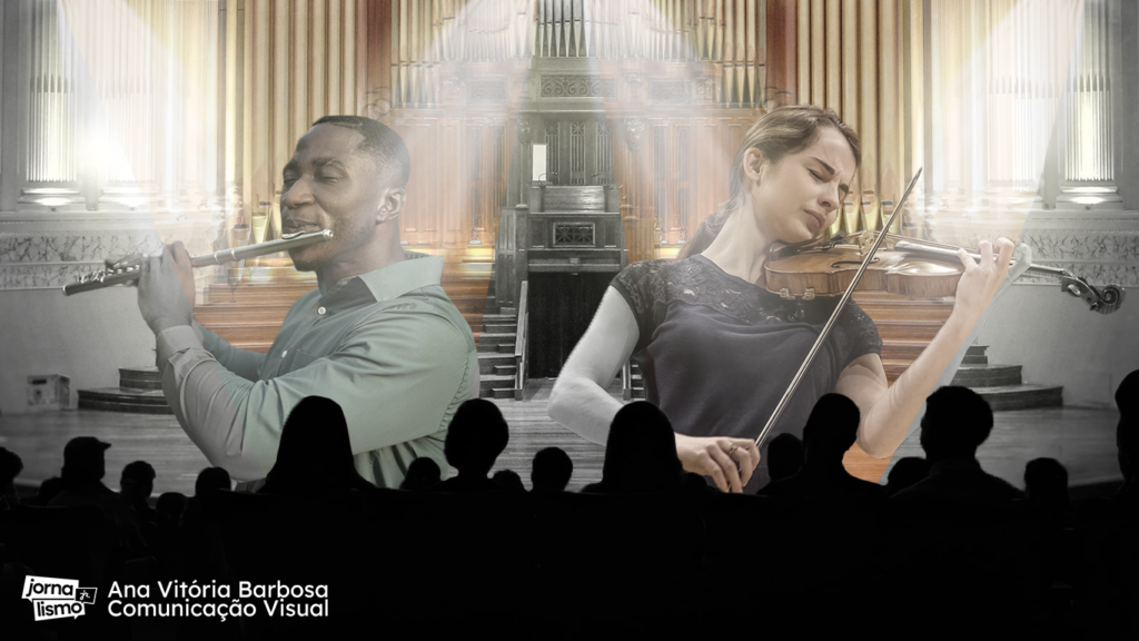 Um homem negro tocando flauta, e ao seu lado, uma mulher branca tocando violino. Ao fundo, um cenário que remete às salas de apresentações musicais