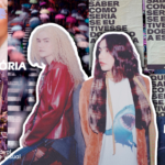 Colagem da dupla de cantoras Anavitória ao centro. No fundo, pôsteres do álbum "Esquinas" e capa do álbum com os olhos das cantoras riscados. Imagens de prédio e pessoas nas ruas com guarda-chuvas.