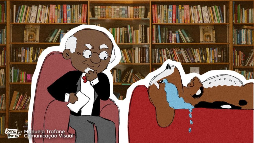 Em imagem ilustrativa terapeuta conversa com cachorro deitado em um divã, como em uma sessão de terapia.