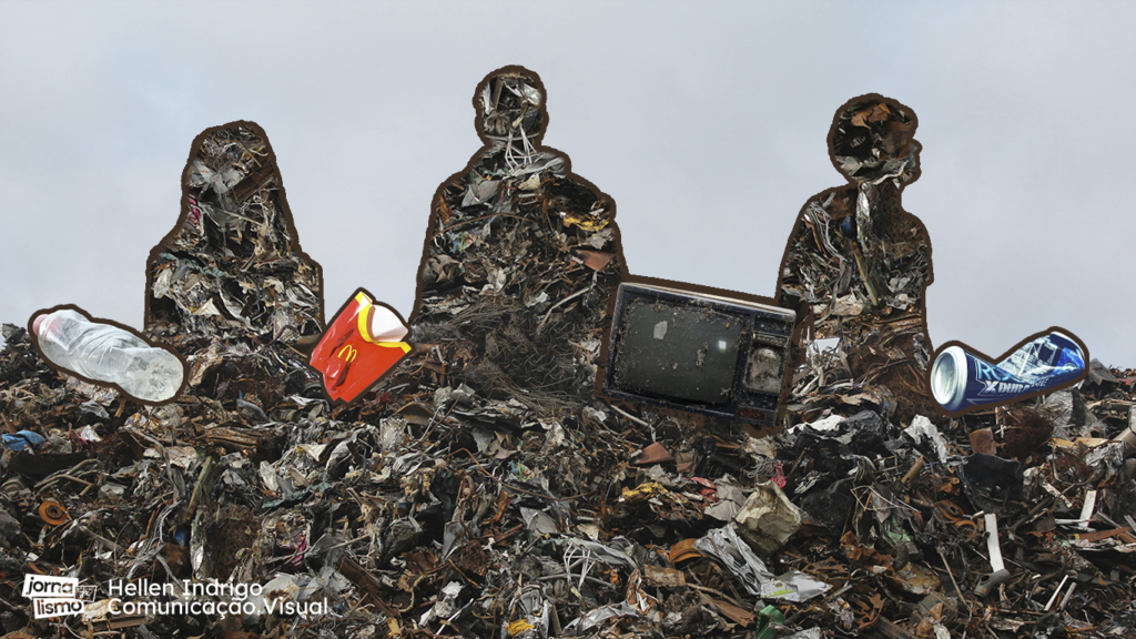 Em meio a uma montanha de lixo, silhuetas de pessoas são preenchidas por esse entulho.