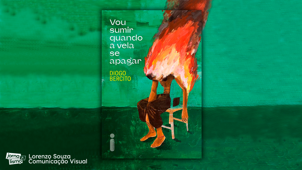 Na imagem, capa do livro "Vou sumir quando a vela de apagar", de Diogo Bercito, editora Intrínseca. Na capa, é possível ver um homem em chamas sentado em uma cadeira, curvado e de cabeça baixa.
