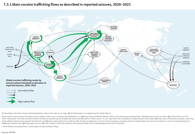 a tabela mostra o fluxo de tráfico de cocaína no mundo