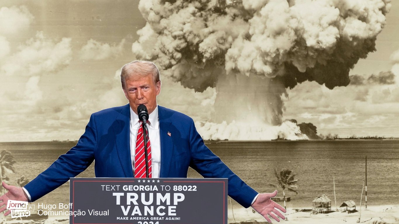 Na imagem, o presidente dos Estados Unidos, Donald Trump (à direita) explosão de uma bomba nuclear atrás