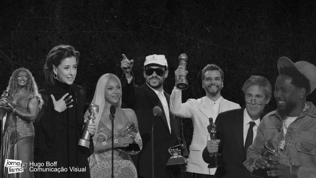 Imagem em preto e branco de artistas segurando troféus. Na ordem: Liniker, Fernanda Torres, Beyoncè, Bad Bunny, Wagner Moura, Walter Salles e Kendrick Lamar.