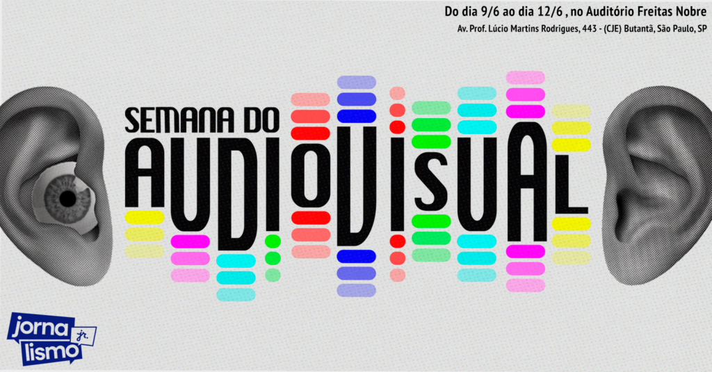 Arte para divulgação de evento com olhos e orelhas em preto e branco