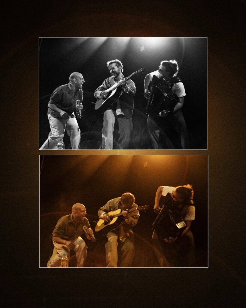 montagem de duas diferentes fotosque mostra o cantor gaúcho com membros da banda. todos aparentam alegria