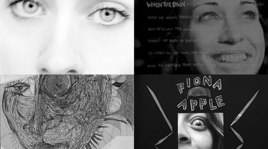 Imagem em preto e branco dividida em quatro partes. Em cada parte, um dos álbuns da cantora Fiona Apple são apresentados.