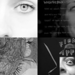 Imagem em preto e branco dividida em quatro partes. Em cada parte, um dos álbuns da cantora Fiona Apple são apresentados.