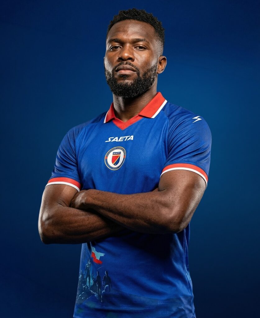 Foto do uniforme da seleção haitiana para a Copa do Mundo de 2026 também após mudanças solicitadas pela FIFA