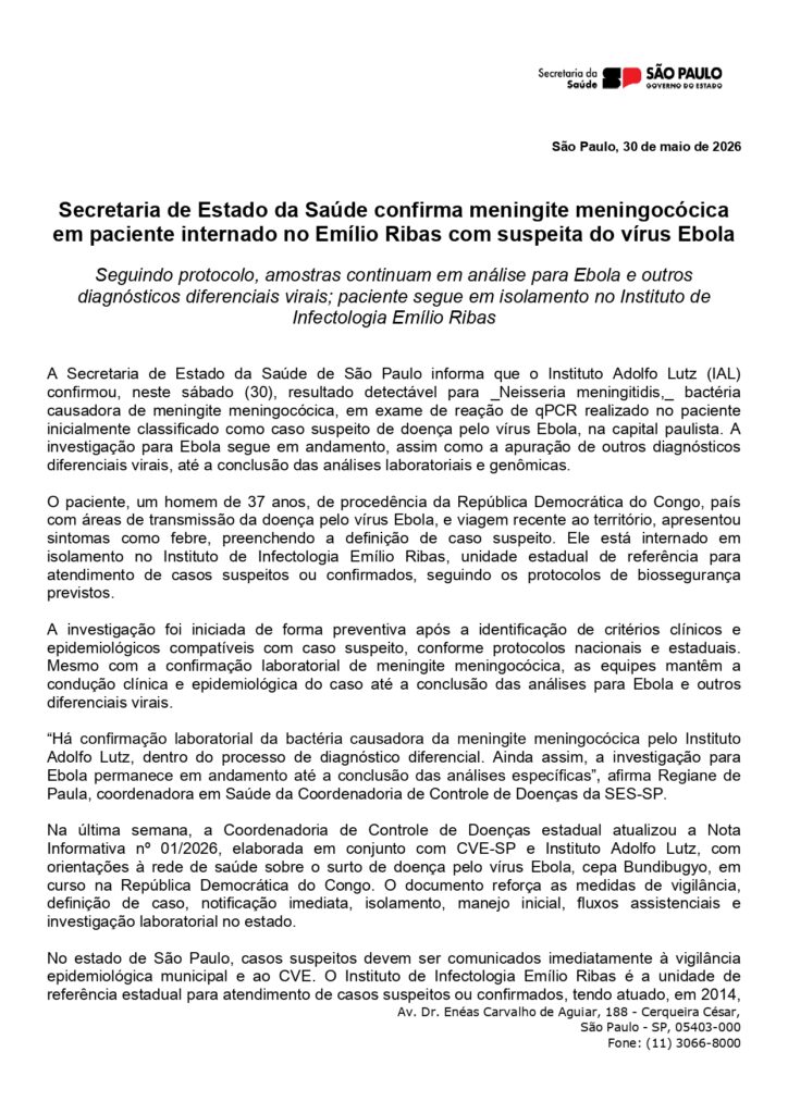 Carta da Secretaria de Estado da Saúde sobre possível caso de Ebola em paciente em São Paulo.