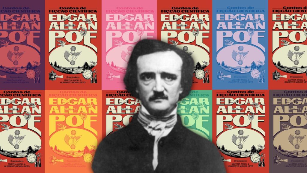 Edgar Allan Poe em preto e branco com a capa de seu livro colorido ao fundo