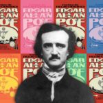Edgar Allan Poe em preto e branco com a capa de seu livro colorido ao fundo